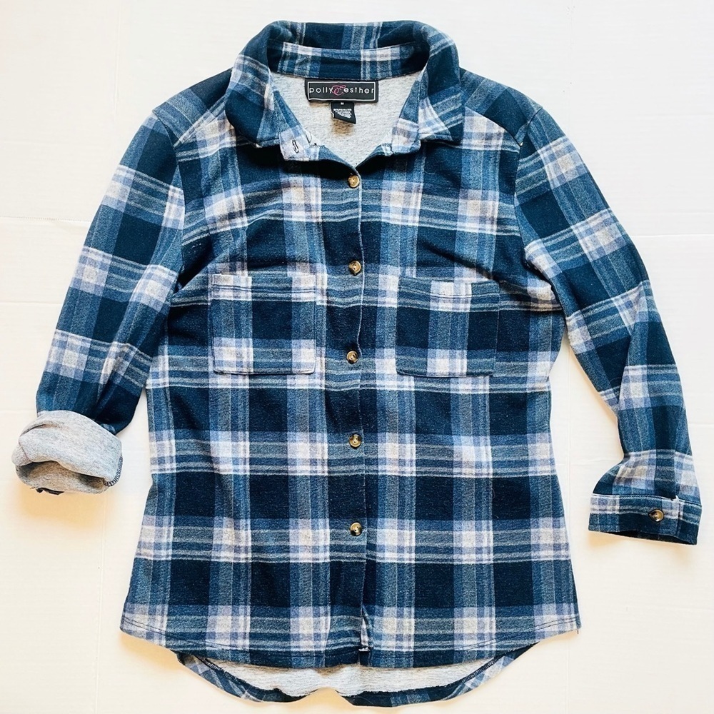 Polly & Esther Blue Plaid Flannel Button Up Long Sleeve Shirt Junior’s Medium